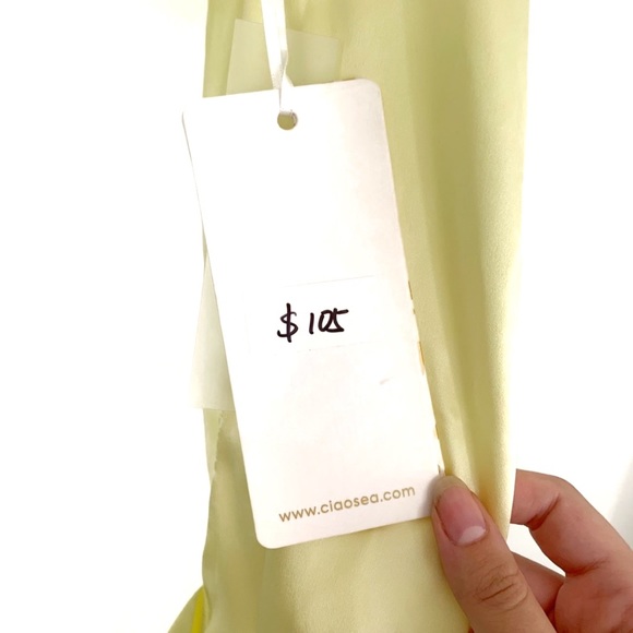 Ciao Sea Silk Pale Yellow Off the Shoulder Crop Top with Flared Sleeves Shiny - Picture 6 of 9